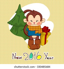 Image Christmas cute monkeys, frames, Christmas tree with gifts on white background. Illustration festive monkeys at the Christmas tree with gift and balloon.