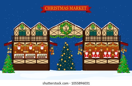 Image of christmas fair trading stall with banner. Flat style.