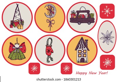 Image of Christmas gifts. Gift boxes, cars, angel, tree, surprise. Cute illustration in hand-drawn Scandinavian style. Beautiful New Year's palette. ideal for any print, sticker, design. Isolate