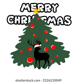 The image is a Christmas greeting featuring a decorated Christmas tree with a deer wearing a Santa hat. The image consists of a green Christmas tree with a yellow star on top and red ornaments.