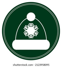 image of a christmas hat icon in white lines with a circular shape and a green background.