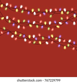 Image with Christmas lights isolated on transparent background. Vector illustration of glowing lights for Xmas holiday. Set of Christmas decorations. Set of color garlands. Realistic design elements.