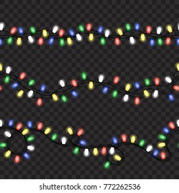 Image with Christmas lights isolated on transparent background. Vector illustration of glowing lights for Xmas holiday. Set of Christmas decorations. Set of color garlands. Realistic seamless elements