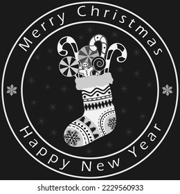 An image of a Christmas sock filled with gingerbread, lollipops and sweets in gray tones on a dark background. Merry Christmas and Happy New Year. Stamp concept. Vector illustration