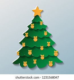 The image of Christmas tree on grey background. Paper style