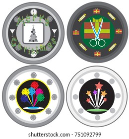 An image of a Christmas tree, scissors, firework. Retro image. Print for the designer. Gift card, badge. The avatar element for the player. Congratulations on Christmas. Image of Christmas icons.