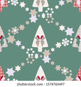 Image of Christmas trees and garlands of stars and snowflakes. Separate white-red-beige trees decorated with bows and stars on a green background.