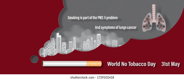 Image Of Cigarette With Giant Smoke And City Building, Pm 2.5 Dust, Cancer On Lung And Wording Of Campaign Inside And Red Background. All In Paper Cut Style And Banner Vector Design.