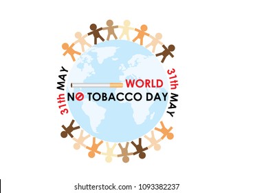 Image of cigarette and "WORLD NO TOBACCO" letters on earth with the day of event and colorful people in paper cut holding hands together in no tobacco campaign standing around. All in vector design.