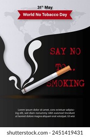 Image of cigarette with world no tobacco day wording in 3d and paper cut style on giant smoke and world map on black background.