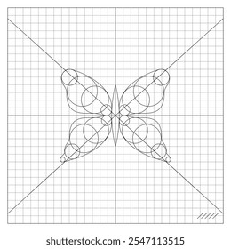 Image of circles connected on coordinate axis to form butterfly figure with wings on notebook sheet of checkered paper. School paper sheet lined in cage mathematical drawing of butterfly figure