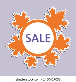 An image of a circle-shaped sticker with orange maple leaves of different sizes, a white outline and a writing "SALE" of a violet color on a white background