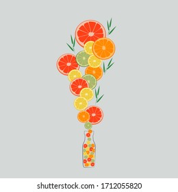 Image of citrus fruit falling into a juice bottle. For decoration of kitchen accessories, diet food, drinks. Healthy lifestyle