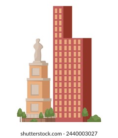 Image of City buildings. This illustration shows a bright and colorful cityscape with a skyscraper with bright design elements. Vector illustration.