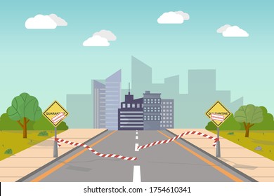 Imagen de una ciudad abierta después de la cuarentena. Dibujo de dibujos animados a color de una cinta de corte a la entrada de la ciudad y se cancelaron etiquetas con carteles de advertencia. Vector.