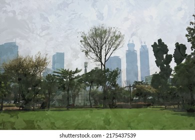 image of city park open area, painting style