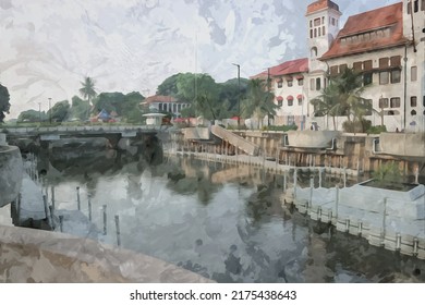 image of city river in jakarta, painting style