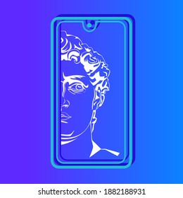 Image of a classic academic plaster head on a smartphone touchscreen. Simple vector illustration of modern digital technologies.