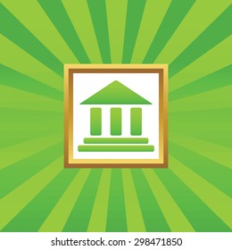 Image of classical building with pillars in golden frame, on green abstract background