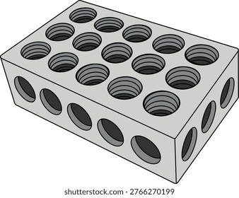The image is a clean, isometric vector graphic of a hardened steel block. It features the classic hole pattern used by machinists to bolt blocks together or secure workpieces to a machine table. The illustration uses a grayscale palette with varying shades to indicate depth within the holes and realistic three-dimensional perspective.