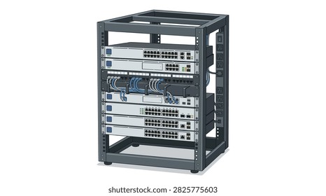 The image is a clean vector illustration of a silver server rack populated with multiple electronic chassis units. Blue Ethernet cables are neatly arranged alongside green LED indicator lights on the front panels, all set against a plain white background.