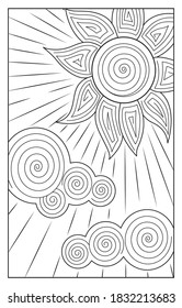 Image of a clear sunny day. The sun, sunbeams and clouds in the form of a contour black and white illustration. Suitable for anti-stress coloring pages for adults and children, postcards or other.