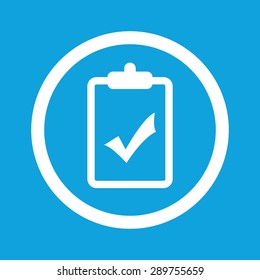 Image of clipboard with tick mark in circle, isolated on blue