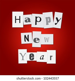 Image of clippings with the message Happy New Year on a colorful red background.