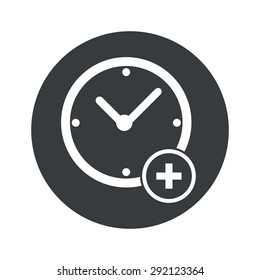 Image of clock with plus in black circle, isolated on white
