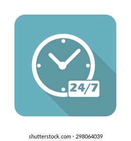 Image of clock with text 24 per 7 in blue square, isolated on white