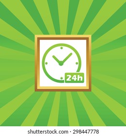Image of clock with text 24h in golden frame, on green abstract background