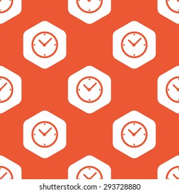 Image of clock in white hexagon, repeated on orange background