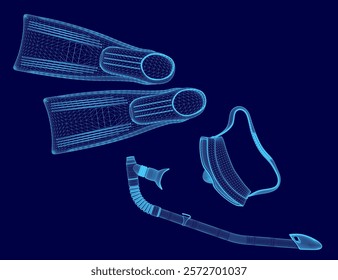 The image is a close up of a pair of flippers and a snorkel. The flippers are blue and the snorkel is attached to the flippers. The image is in a blue color scheme