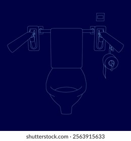 The image is a close up of a toilet with a roll of toilet paper on the right. The toilet is surrounded by two handles, one on the left and one on the right. The toilet is blue outline