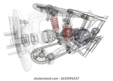 The image is a close-up of a car engine with red and blue springs. The springs are positioned in various parts of the engine, providing support and flexibility. The drawing is of a car engine