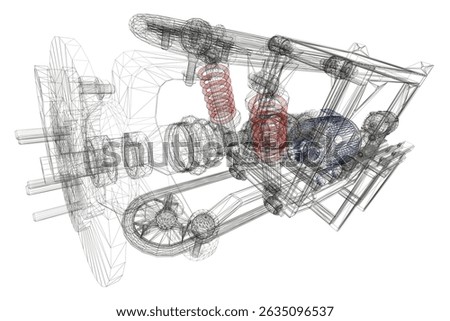 The image is a close-up of a car engine with red and blue springs. The springs are positioned in various parts of the engine, providing support and flexibility. The drawing is of a car engine
