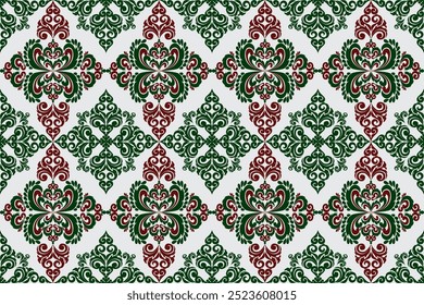  The image is a close-up view of a patterned fabric. The pattern consists of intricate designs in shades of green and red.