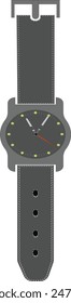 The image is a close-up of a wristwatch. The watch has a black leather band and a silver metal clasp. The face of the watch is round and silver. 