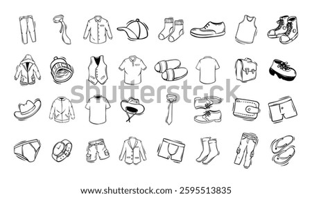 An image of clothing and accessories depicted through simple black and white illustrations.