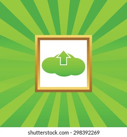 Image of cloud with up arrow in golden frame, on green abstract background