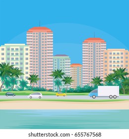 The image of a coastal city. The road along the sea. Beautiful summer landscape. Vector background.