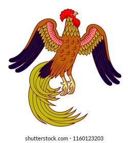 An image of a cock with a long tail in the style of engraving