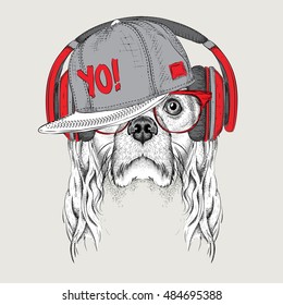 The image of Cocker Spaniel in the glasses, headphones and in hip-hop hat. Vector illustration.