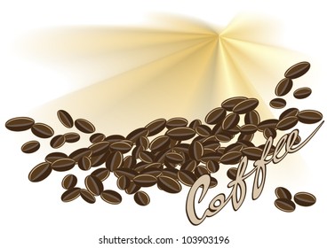 Image of coffee beans and the inscriptions on the background of gold   dunes