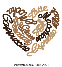 the image of coffee names  put together in the shape of a heart