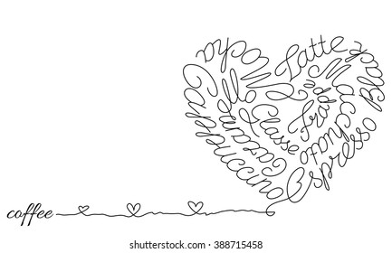 the image of coffee names  put together in the shape of a heart