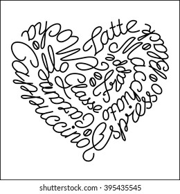 the image of coffee names  put together in the shape of a heart