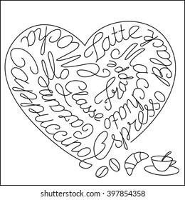 the image of coffee names  put together in the shape of a heart