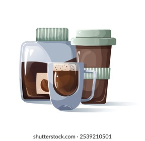 An image of a coffee set consisting of a glass jar with ground coffee, a glass cup with a double bottom and hot coffee poured into it, a dark paper cup with a bright lid.