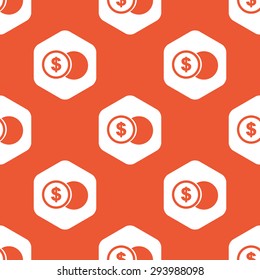 Image of coin with dollar symbol in white hexagon, repeated on orange background
